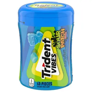 6x Trident Vibes Sour Patch Kids Blue Raspberry Chewing Gum - Sour Candy Snack Mints Fresh Breath Treats 40ct