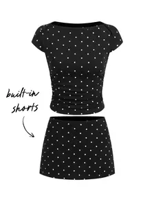 Cotton-blend Boat Neck Polka Dot Ruched Tee & Mini Skort