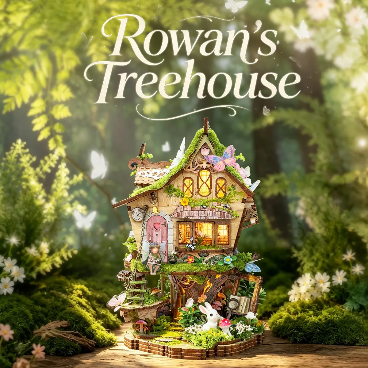 Fairy Treehouse Book Nook Kits for Adults with Warm LED Lights | Rowan's Tree House DIY Miniature House kit, Wooden Craft Bookshelf Decor Gifts for Friends