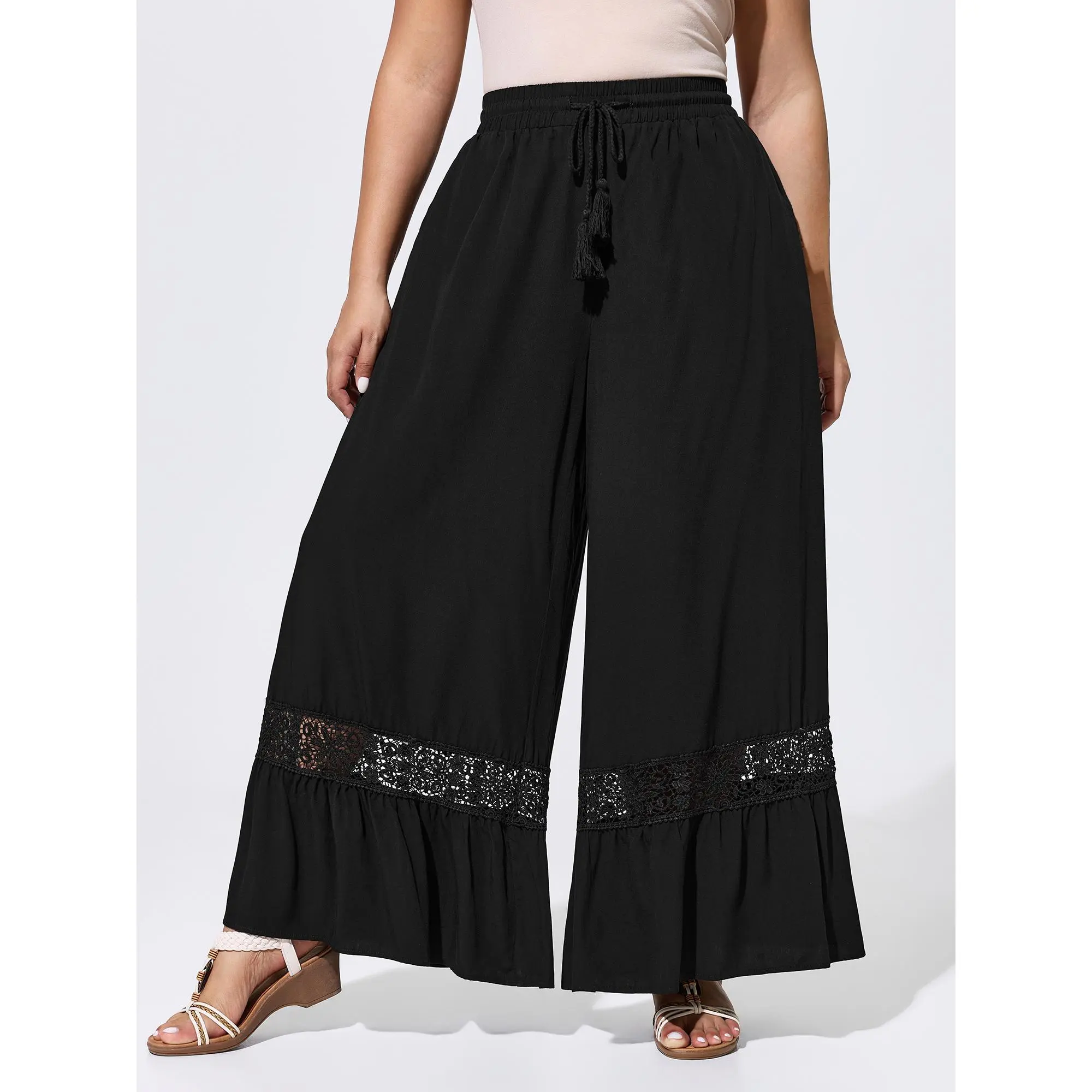 BloomChic Lady's Oversize Boho Lace Ruffled Hem Wide-Leg Pants - Mid-rise Baggy Bottoms, Smooth Rayon Garment with Belt and Pockets for Summer, Loose