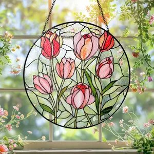 Tulip Stained Glass Suncatcher Window Hanging – Pink & Red Tulip Floral Round Glass Panel, Spring Flower Sun Catcher Window Decor, Botanical Window Ornament, Garden Inspired Home Decor Gift 🌷✨