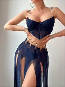 Rabbit Barbie Women's 3pcs Sexy Lace Lingerie Set with Mesh Bra and Panty Underwear Babydoll Sleepwear in Navy Blue