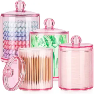 12 oz & 10 oz Qtip Holder - 4 Pack Restroom Bathroom Organizers and Storage Containers,  Plastic  Jars with  for  Swab,  Round Pads, Floss
