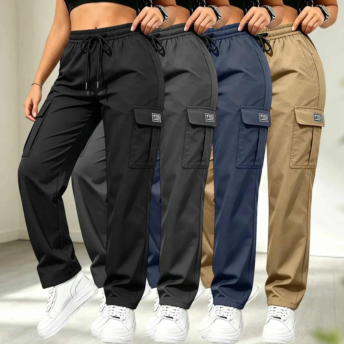Women’s solid-color cargo pants (4-pack) featuring an elastic waistband with stretch and practical, large-capacity pockets for easy storage.Suitable for all seasons; fits everyday casual wear, outdoor outings, and workwear; women’s apparel.