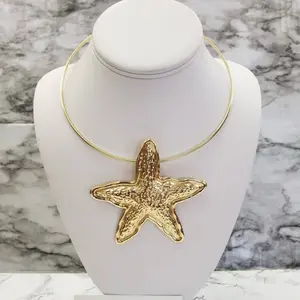 Dora Gold Star Fish Collar Necklace Bold Statement Piece Textured Pendant on Open-Torque Choker for Summer Vacation Beach