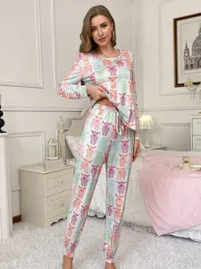 Women's Colorful Long Hair Cow Print Round Neck Long Sleeve Top and Pants Set, Soft Comfortable Casual Sleepwear Loungewear for All Seasons