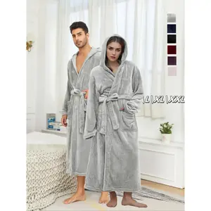 Solid-color belted hooded flannel robe for couples, casual long-sleeve bathrobe with pocket design, warm and comfortable autumn–winter couple pajamas GARMENTARY
