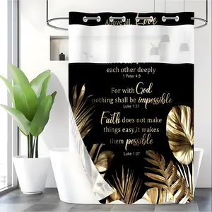 LVRLVR 1pc Elegant Black & Gold Scripture Tropical Leaf Shower Curtain with Sheer Top Window, Detachable Liner & No Hook C-Ring, 70.8" x 74"