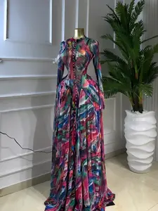 PULKRITU Women's O-Neck Long Sleeve Woven Maxi Dress, Tie-Dye Print, Formal Romantic Valentine's Day Party Outfit Gown, Sexy Mesh Sheer Dress, Spring Sexy Club Street Evening Wear Lady Skirts