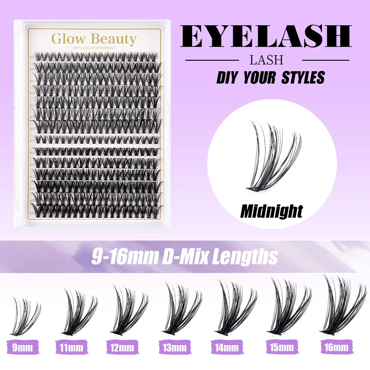 Glow Beauty DIY Lash Extension Kit, 280Pcs 30D 40D D Curl Cluster Lashes 9-16mm Mixed Length, Individual Eyelash Extensions with Bond and Seal, Lash Remover, Tweezers for Beginners Waterproof Long Lasting