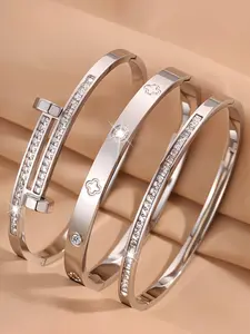 3-Piece Elegant Stainless Steel Bracelet Set, Unisex Party Jewelry, Perfect for Couples, High-Quality Metal, Fashion Accessory Gift