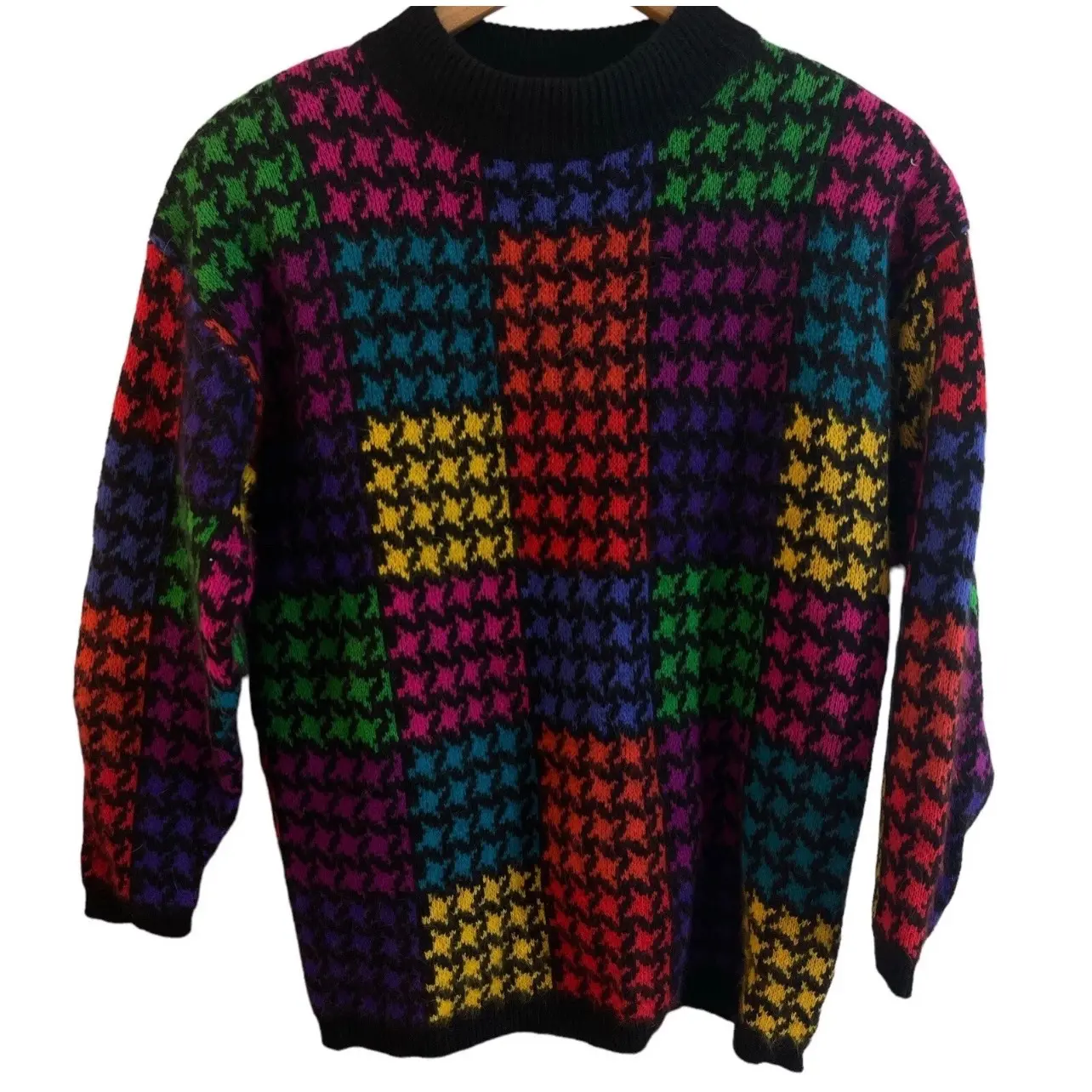 Vintage 80s Houndstooth Arts Sweater Angora Wool Color Block Small Big Wool Wool Wool Wool Wool Wool Casual