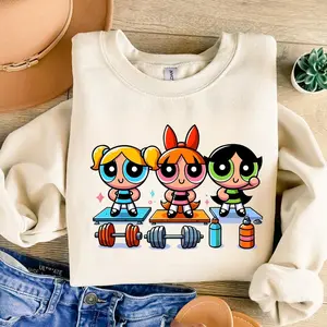 #Powerpuff Strong Girls Gym Sweashirt, Cute Cartoon Weightlifting Tee, Gym Shirt, Graphic Gym Shirt, Vintage Washed Tee Cotton, Gym Shirt Women, For Men, Full Size