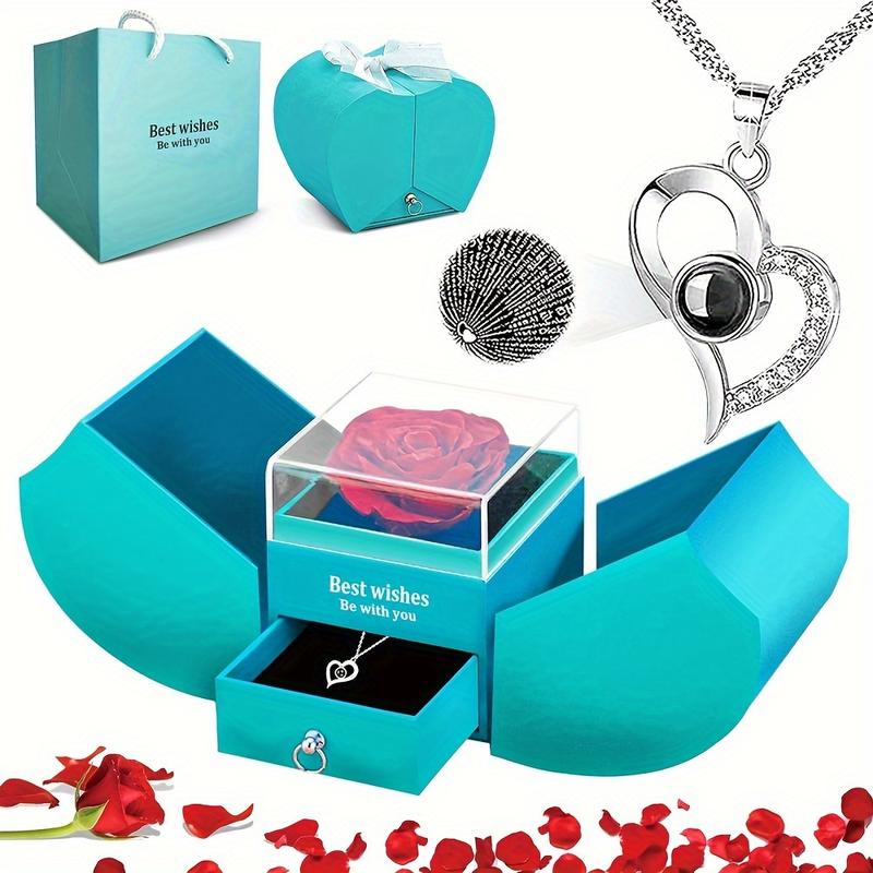 100 Languages Heart Shaped Preserved Rose I Love You Necklace for Mom, Wife, Girlfriend on Mothers Day, Valentines Day