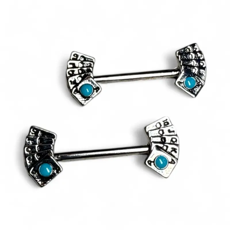 Playing Cards Nipple Piercings Pair - Silver with Blue Playing Cards Nipple Piercings Pair - Silver with Blue