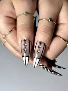 Gothic Stiletto Press On Nails | Black White Checker Gold Accent Fake Nail Set for Holiday, Birthday