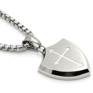 Mens Cross Necklace Shield Armor of God Pendant with  Verse Joshua 1:9 Stainless Steel