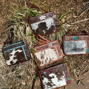 Cowhide Leather Crossbody Wristlet with Embroidered Floral Accents and Turquoise Accents