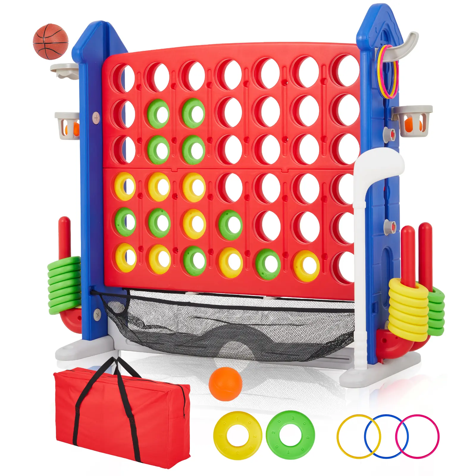 Giant 4-to-Score Game Set – 3-Level Adjustable Jumbo 4-in-a-Row with Quick-Release, Basketball, Golf & Ring Toss