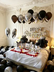 574pcs Silver & Black Birthday Decoration Set 500 Nonwoven Fabric Petals Happy Birthday Banner Letters Love Heart Foil Balloons Thick Latex Balloons Dark Aesthetic Party Background for Romantic Bedroom Decor Multicolor