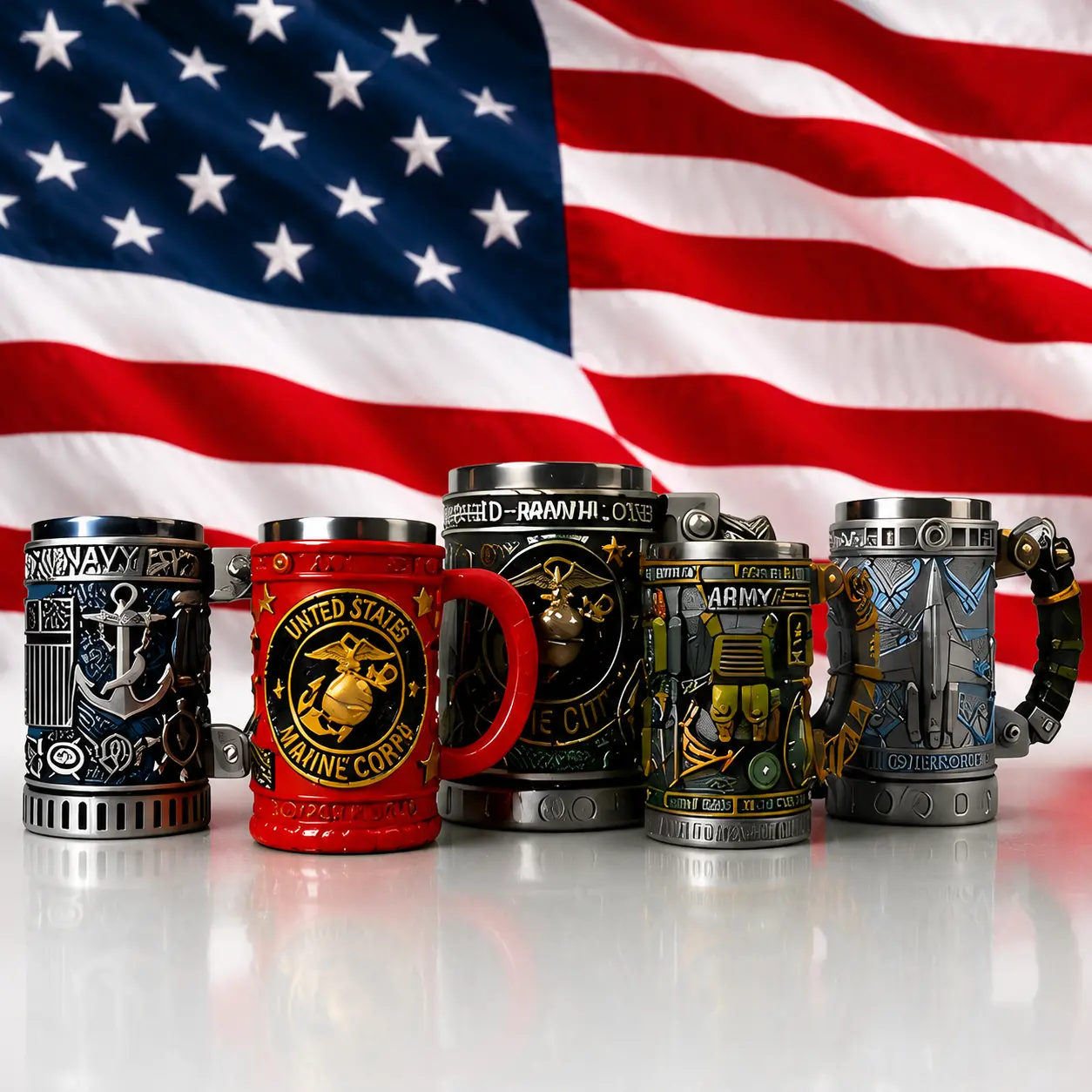 Military 3D Resin Mug with Stainless Steel Liner | Handcrafted Army Navy Marine Corps Air Force Coffee Beer Mug | 13-15oz Gift for Veterans & Military Enthusiasts