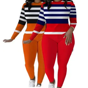 2025 New Plus Size Striped Sportswear Set - Vintage Inspired Athletic Wear for Women, Comfortable Yoga Outfit, TikTok Viral Fitness Fashion， Polyester and Elastane Blend, Medium Stretch Knit Fabric, Casual Two-Piece Outfit for
