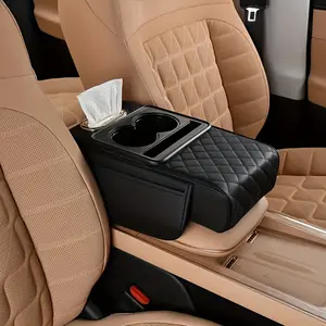 Thickened Cup Holder and Tissue Dispenser High-End Car Storage Box with with 4-in-1 Central Console Organizer  Armrest Elbow Pad, Nappa Leather Multifunctional Car Armrest Box Heightening Pad