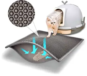 Cat Litter Mat Double Layer Waterproof Honeycomb Design Grey Non-Slip Washable Easy to Clean Scatter Control Kitty Litter Mat for Pet Owners