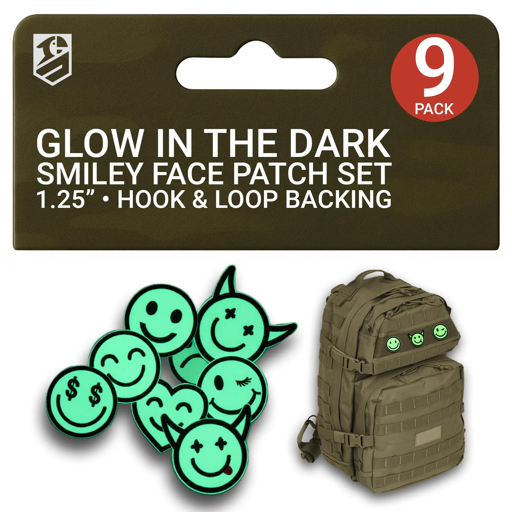 Glow in the Dark Smiley Face Patch Set – 9Pcs Embroidered Morale Patches (1.25 Inches)
