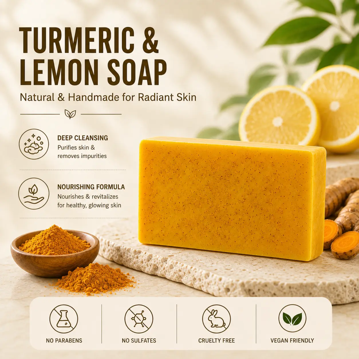 Turmeric Coconut Soap Bar with Shea Butter & Olive Oil - Hydrating Deep Cleansing Bar for Face & Body, Moisture, Lemon, Solid Soap, Deep Cleanse, Sudsy Cleaning, Apply Lather, Moisturizer, Body Care, Cleanser, Turmeric Blend, Bath, Fresh And Clean
