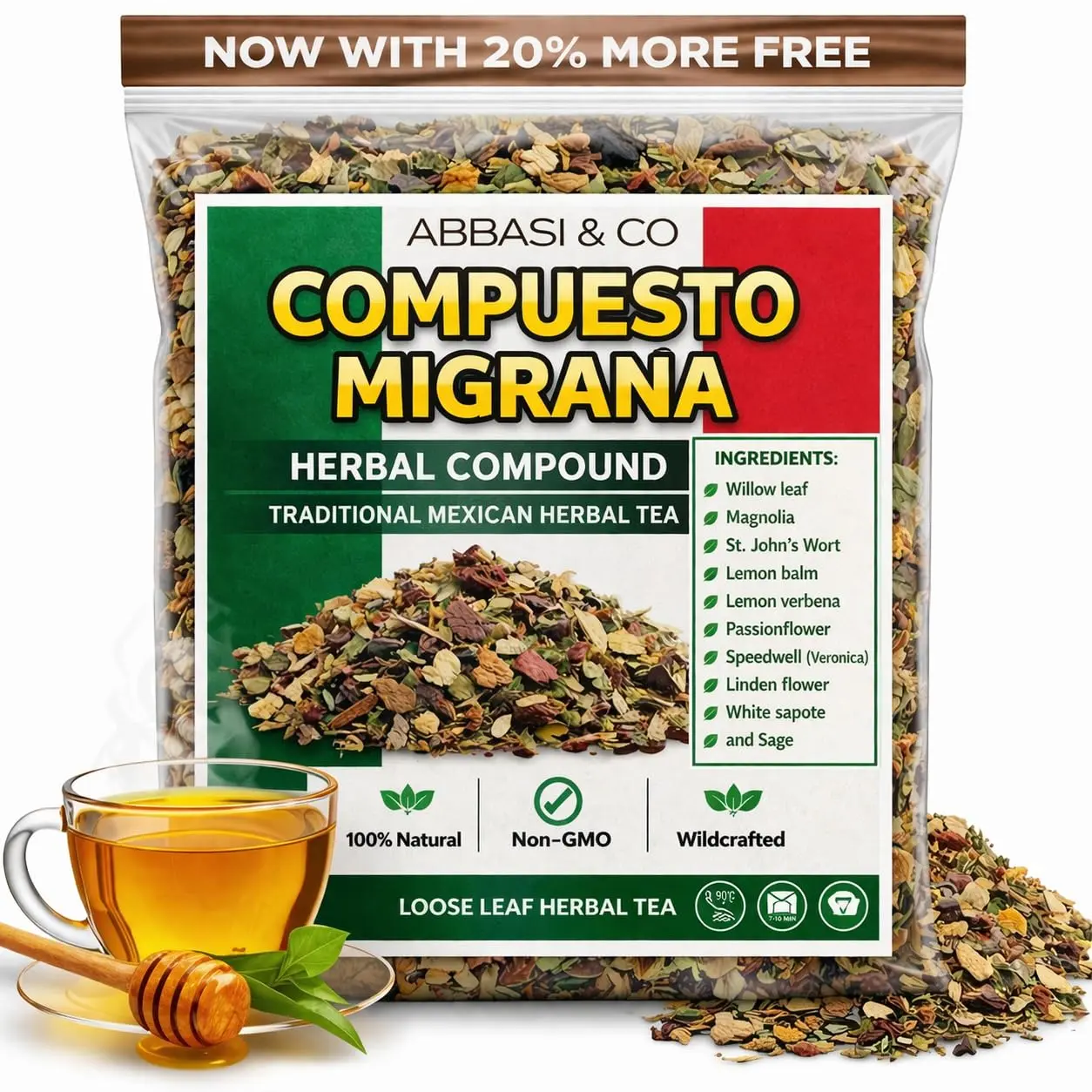 5oz Compuesto Migrana, Migraña Hierba Te, Migraine Relief Tea | Headache Relief Tea - For Migraine & Tension Headache Relief - Includes Magnolia, Willow Leaf, Lemon Balm, Passionflower Herbal Compound