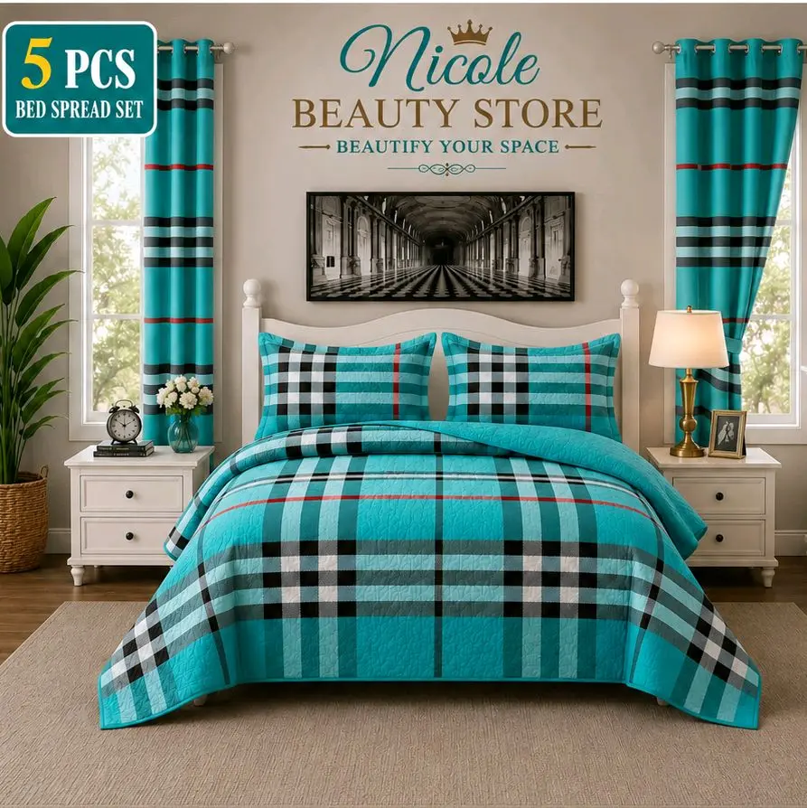 5-Piece King Size Bedspread Set with Matching Curtains – Modern Plaid Bedding Collection