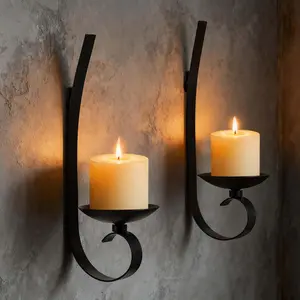 Set of 2 Black Wrought Iron Wall Mount Candle Sconces - Farmhouse Style Hanging Candle Holders for Living Room, Bathroom, Dining Room, Window Decor (Black-B Style)