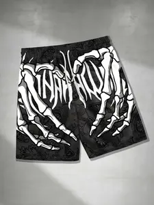 Men's Summer Fashion Casual Shorts, Beach Holiday Style, Skeleton Skull Hand Bone Print, Loose-Fitting All over Print, Trendy Men's Clothing