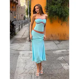 Beaded Trim Halter Top & Low-Waist Maxi Skirt Set Ruched Backless 2026 Summer Chic Y2K Women Vacation Bohemian Beachwear Outfit
