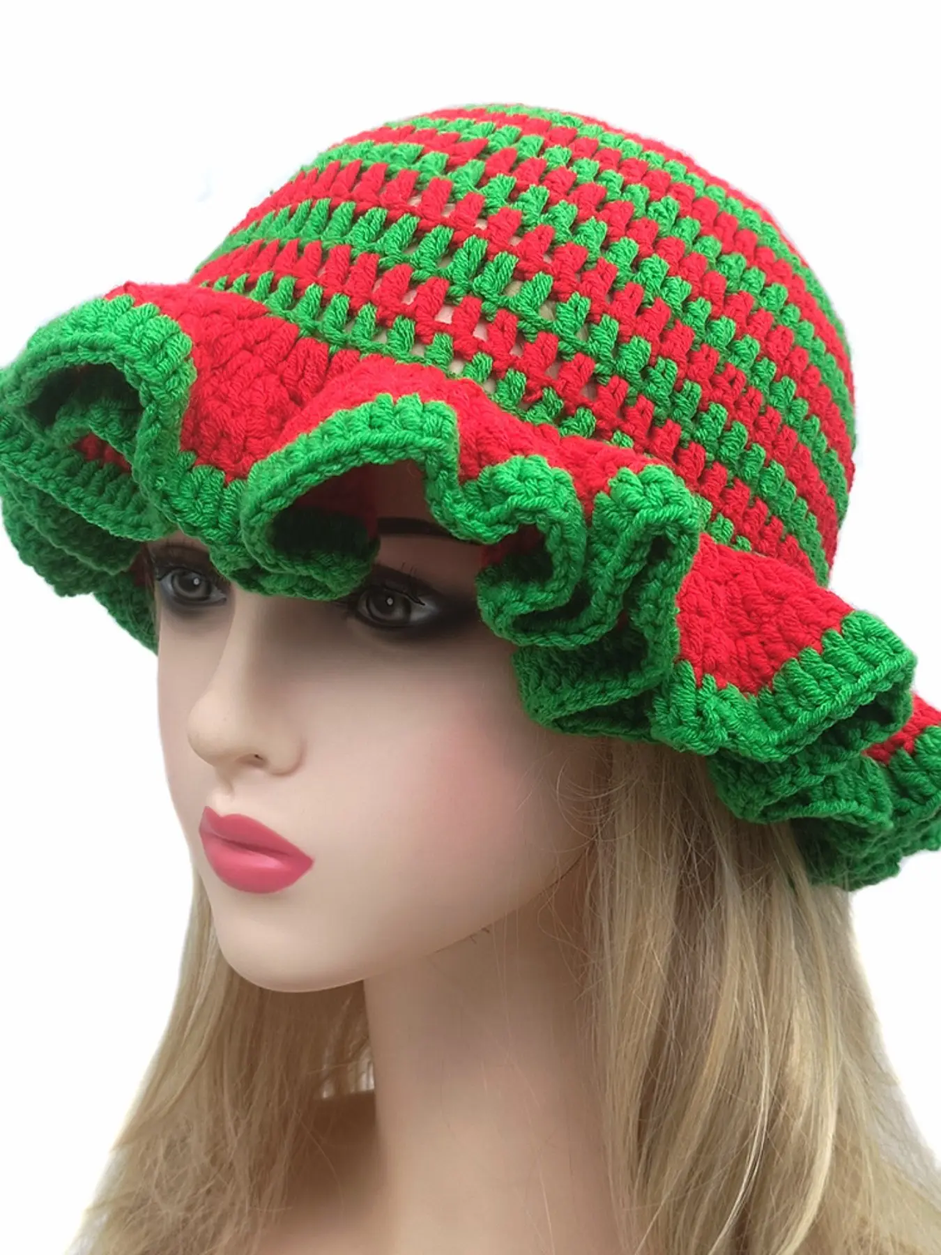 Handmade Crochet Knitted Ruffle Hat for Adults, Colorblock Hollow Out Wavy Edge Woolen Cap, Halloween Fashion Party Hat, Funny Hat, Funny Comedy Hat, Knit Beanie Hat, Beanie Fitted