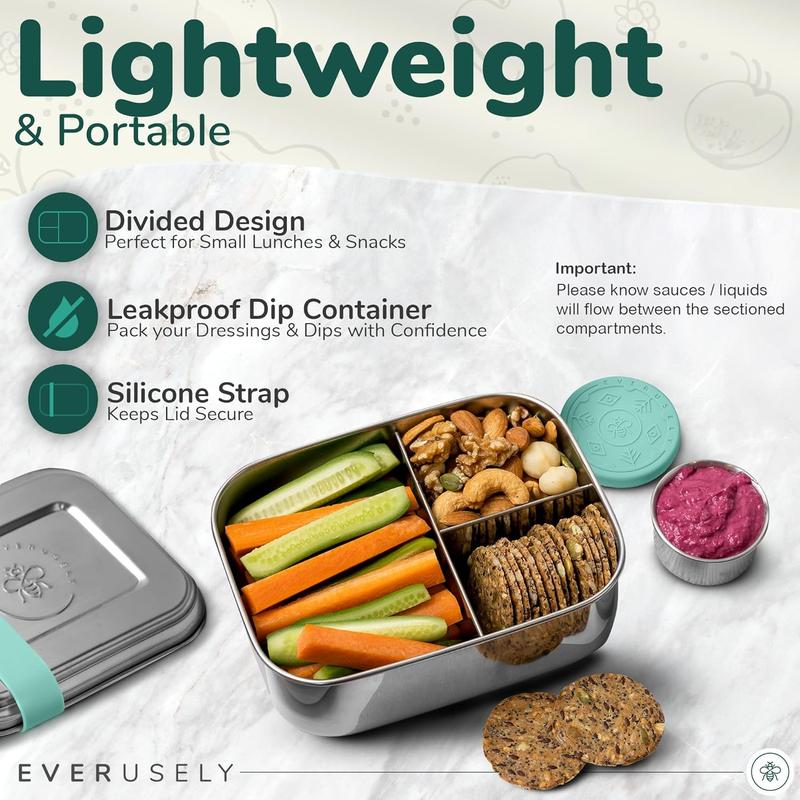 Everusely Stainless Steel Bento Box - 27oz / 0.8L - 3 Compartment Snack Organizer with Leakproof Condiment Container - Eco-Friendly & Dishwasher Safe Lunch Box