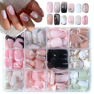 288pcs Square Glitter Nail Tips, Elegant Stripe Design, 3D Rhinestone Butterfly Tail, DIY Removable Press-On Set for Women, Glittering Fake Nails