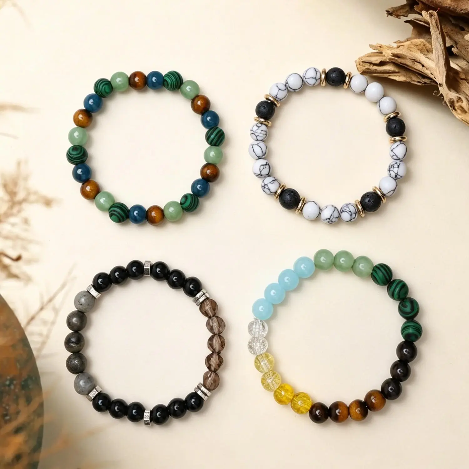 7mm Natural Crystal Money Wealth Bracelet for Men Women, Tiger Eye Malachite Citrine Clear Quartz Stretch Bead Bracelet, Healing Crystal Lucky Prosperity Success Protection Energy Stone Bracelet, Spiritual Gift for Friend Lover Self(4 Styles)
