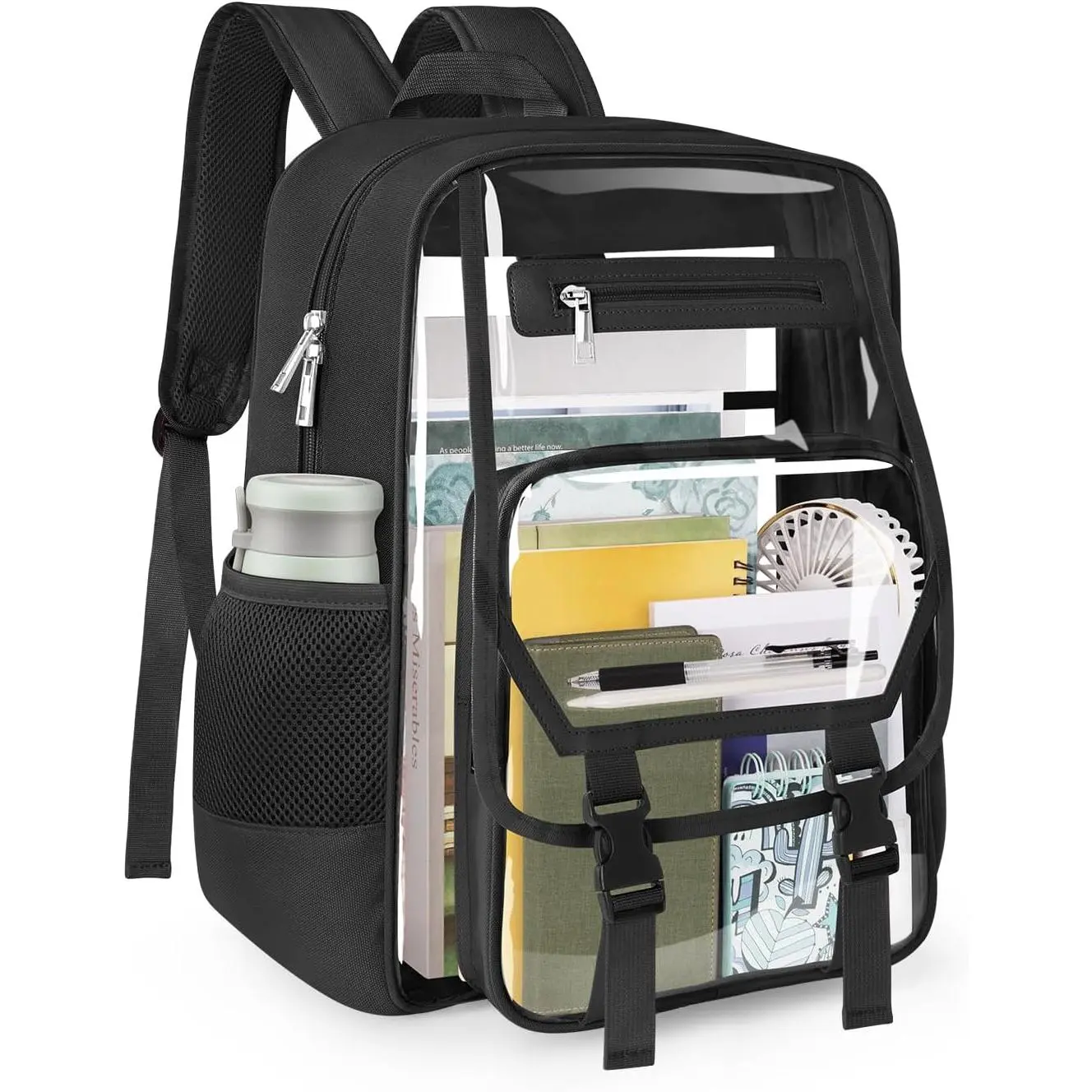 Clear Backpack Heavy Duty, Fabric & PVC Transparent Bookbag, See Through Backpacks with Reinforced Strap for Women Men, Large Capacity Clear Backpack for College, Travel, , Black