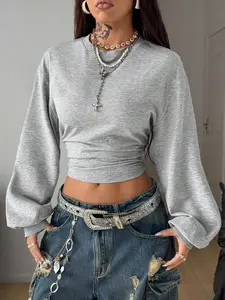 Casual Street Style Drawstring Hoodie, Versatile Short Fitted Cropped Sweatshirt for Daily Wear, Trendy Women's Fashion Top, Womenswear