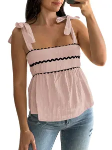 Tankaneo Womens Cute Tank Tops Summer Casual Peplum Babydoll Square Neck Tie Strap Backless Shirts