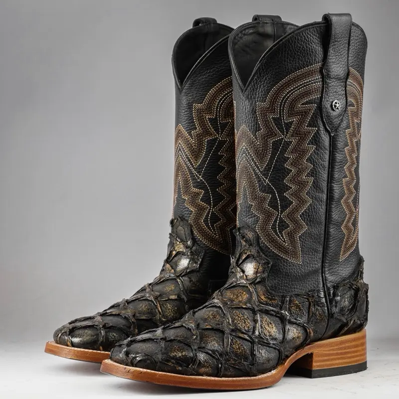 Black/Gold Jumbo Pirarucu Print Leather Boots - Square Toe