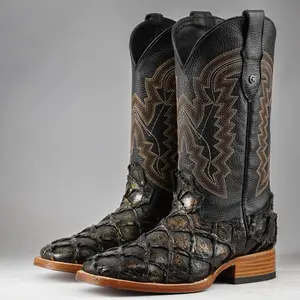 Black/Gold Jumbo Pirarucu Print Leather Boots - Square Toe