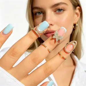 New Style Zircon Inlaid Nail Ring for Women, INS Style Personalized & Elegant Wearable & Detachable Nail Art Ring Costume Jewelry Cubic Zirconia Rings