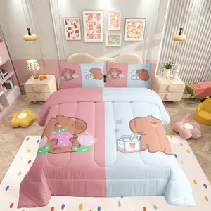 Cartoon Capybara Comforter Setstrawberry Milk Bedding Set,Kids Teens Modern Decor,Pink Blue Couples Lovers Comforter for All Seasons
