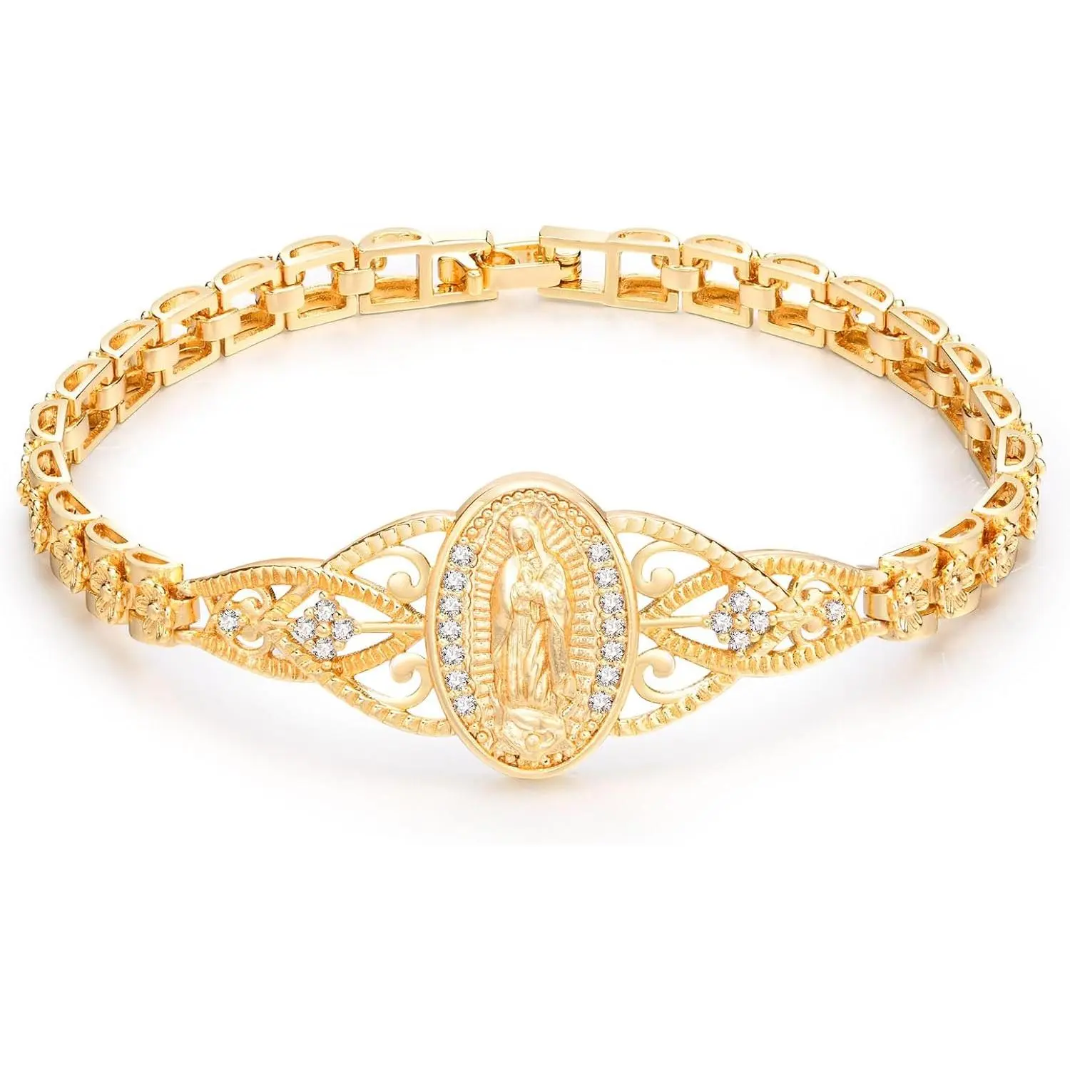 XP 14K Gold Plated Virgin Mary Bracelet for Women, Dainty Catholic CZ Bracelet, Non-Tarnish Birthday,  Wedding, Anniversary, Graduation and Religious GiftsJewelry GiftElegant Spiritual Jewelry for Mom, Wife, Girlfriend, Daughter, Sister and Teen Girls
