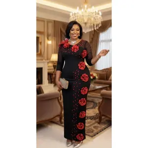Luxury Black Bodycon Midi Dress with Red 3D Floral Detail | Godshand Fashion Empire