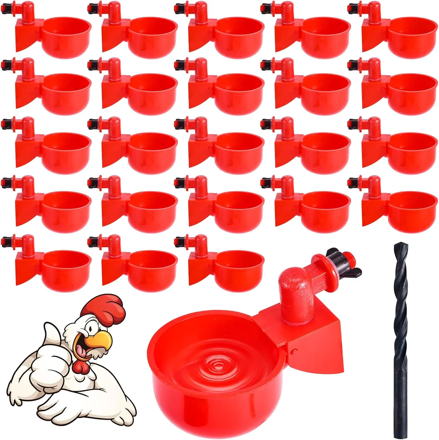 24 Pack, DIY Chicken Water Feeder for Poultry Gravity Filling Automatic Chicken Waterer Poultry Waterer with Hole Saw for Buckets Boxes Troughs