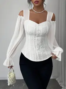 Elegant Off-Shoulder Floral Jacquard Lantern Sleeve Shirt, Square Neck, Opaque Women's Fashion Top for Spring & Fall